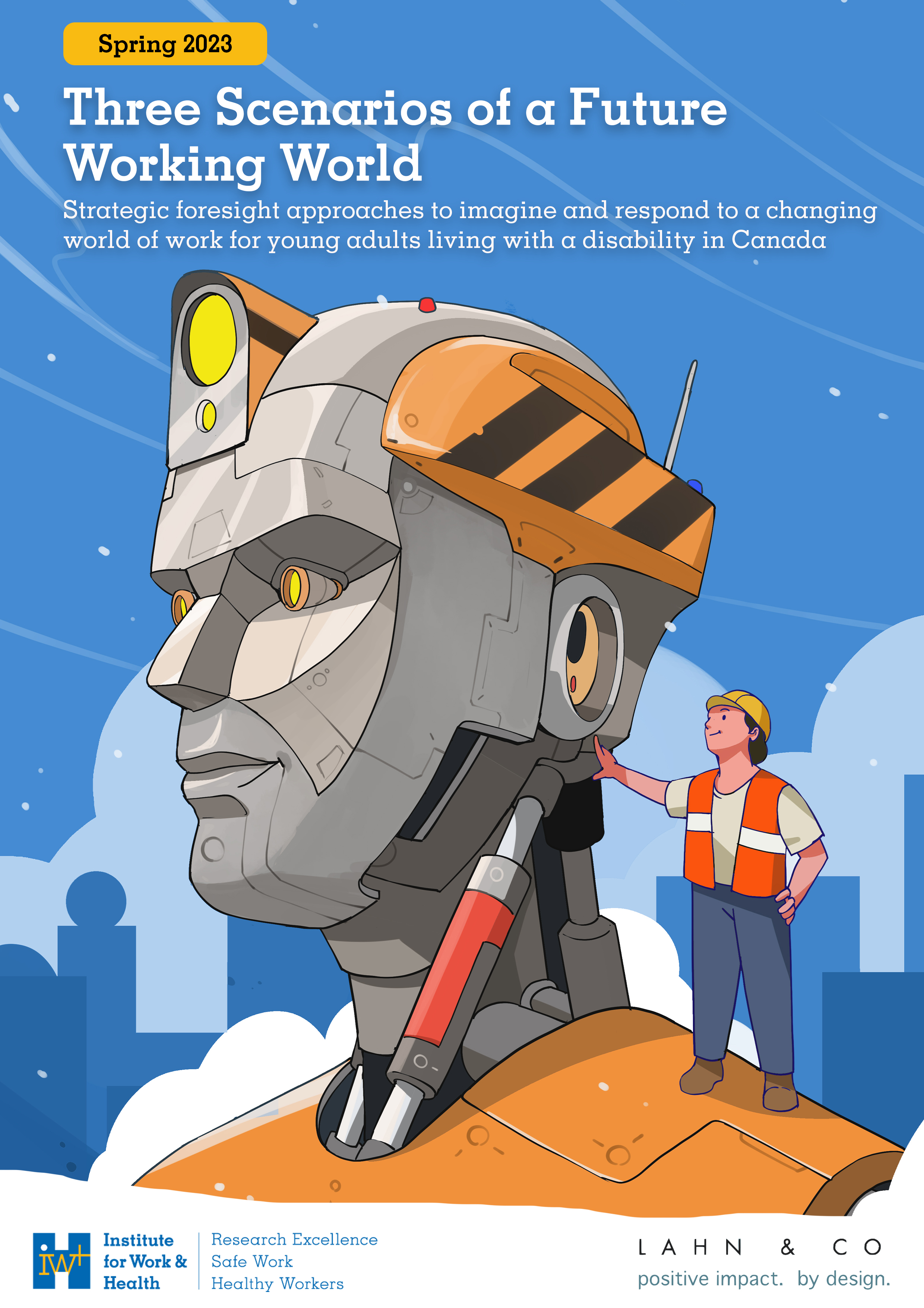 Cover illustration of giant human-like robot with worker standing on its shoulders