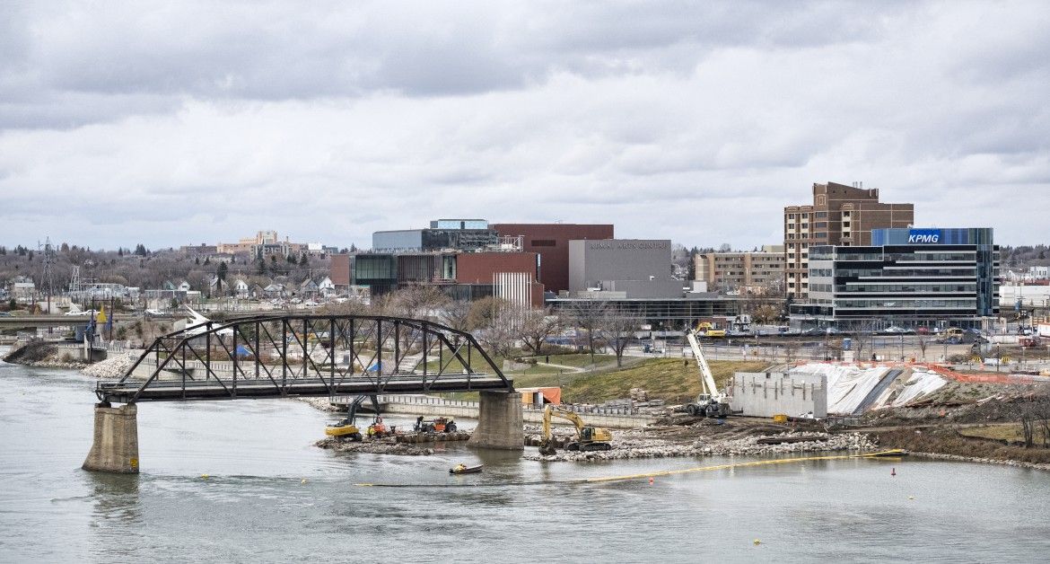 Construction work on the new Victoria Bridge in downtown Saskatoon