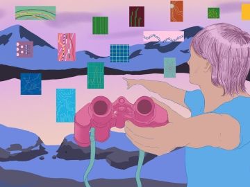 A graphic of a person holding binoculars out while pointing to the horizon.