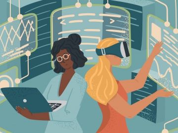 A graphic of two women surrounded by superimposed graphical data and screens. One wears virtual reality goggles and the other holds a laptop computer.