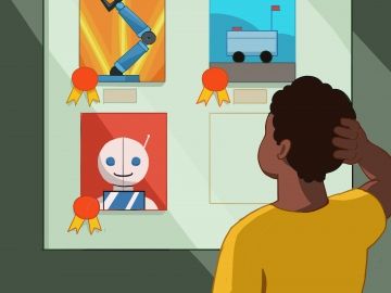 Drawing of a Black youth looking at the Employee of the Month board, which features pictures of robots. 