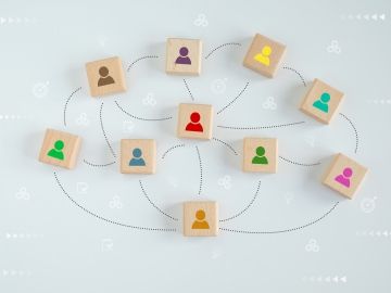 Blocks with icons of people are laid out with lines drawn between them to indicate connection