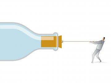 A drawing of a man pulling on the cork stopper off a bottle