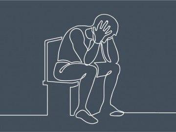 A line drawing of a male figure slumped in a chair, head in hand