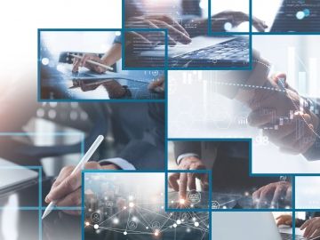 Collage of images showing hands shaking, hands typing on keyboards and using mobile devices