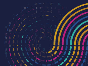 Colourful lines and dots interspersed with zeros and ones
