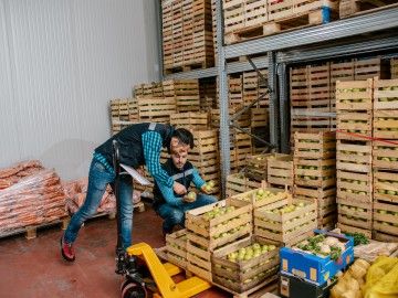 Two male workers assemble vegetable crates in a warehouse