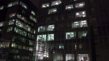 Exterior shot of office buildings at night