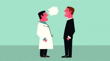 Illustration of doctor and man in suit talking at each other