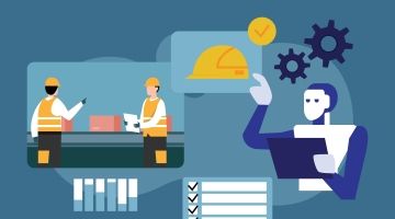 Graphic of workers in front of a conveyor belt wearing safety gear, a robot holds a clipboard.