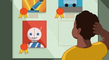 Drawing of a Black youth looking at the Employee of the Month board, which features pictures of robots. 