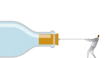 A drawing of a man pulling on the cork stopper off a bottle