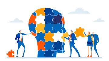 Graphic of people in business suits contributing puzzle pieces to a profile of a head.