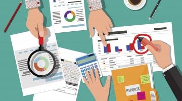 Illustration of hands of two people working with calculator, charts, graphs and report file