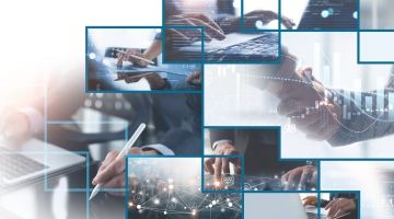 Collage of images showing hands shaking, hands typing on keyboards and using mobile devices