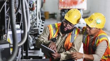 Two workers in hard hats and safety vests look at document