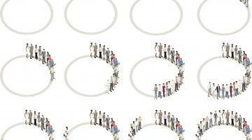 Graphic of four circles with more people on circle moving left to right, indicating greater percentage each time