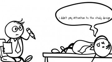 Cartoonish illustration of psychiatrist with patient, who is fretting because he didn't pay attention to the study design