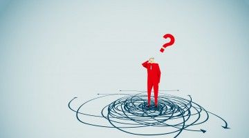 Graphic of man in red suit with red question mark above his head, his feet in a swirl suggesting he is confounded