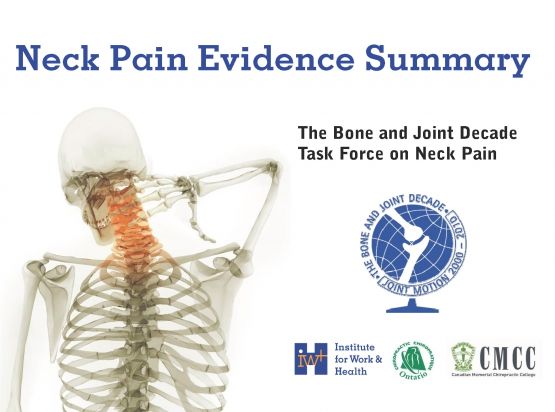 Cover of Neck Pain Summary tool, showing a skeleton of the spine with neck area in red