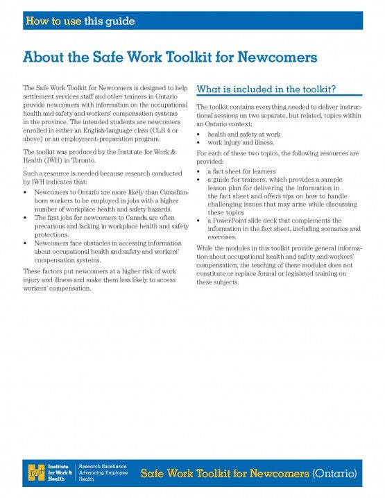 First page of How to use this guide in the Safe Work Toolkit for Newcomers (Ontario)