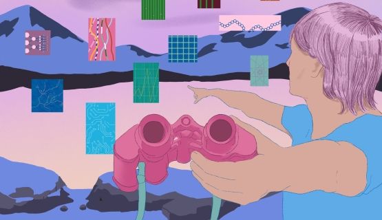 A graphic of a person holding binoculars out while pointing to the horizon.