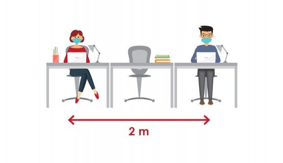 Two office workers sit 2 metres apart