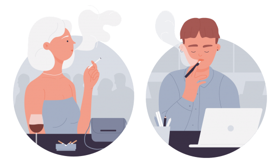 Two contrasting illustrations, showing a woman smoking at dinner and a man smoking next to a laptop