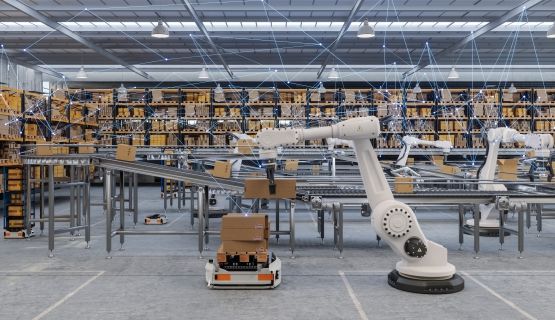 Robots lift boxes from a conveyor belt in a factory without human workers