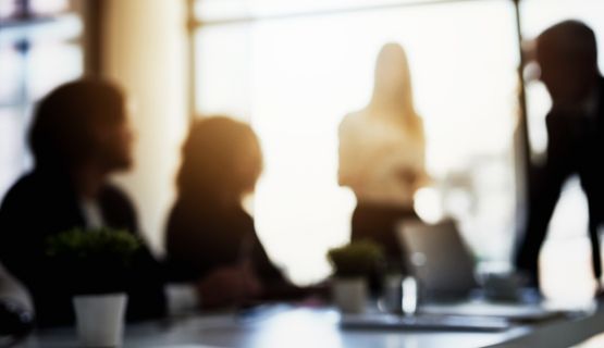 Blurry image of professionals at a table speaking to a moderator