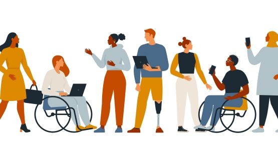 An illustration of diverse working-aged people. Two are in wheelchairs and one has a prosthetic leg