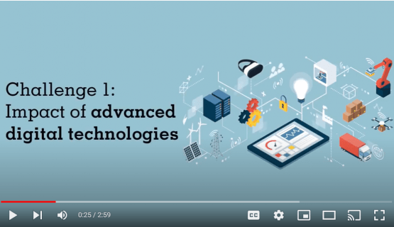 Screen grab of the video displays the title, "Challenge 1: Impact of advanced digital technologies"