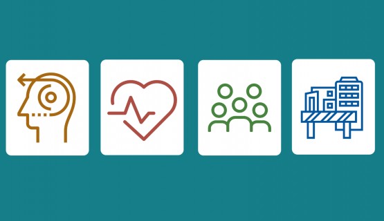 Four icons depicting a head, a heart, a group of people and buildings