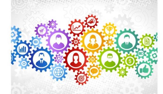 Colourful gears and various icons depict multiple connections within a system
