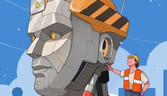 Cover illustration of Three Scenarios of a Future Working World report, which shows a worker standing on the should of a human-looking robot
