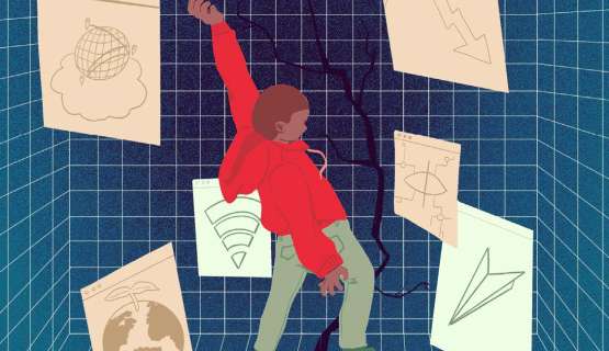Drawing of a young man falling backwards as he stands astride a widening crack in the floor.