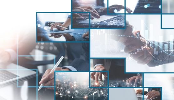 Collage of images showing hands shaking, hands typing on keyboards and using mobile devices