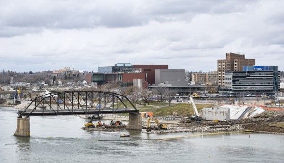 Construction work on the new Victoria Bridge in downtown Saskatoon