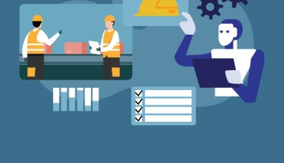 Graphic of workers in front of a conveyor belt wearing safety gear, a robot holds a clipboard.