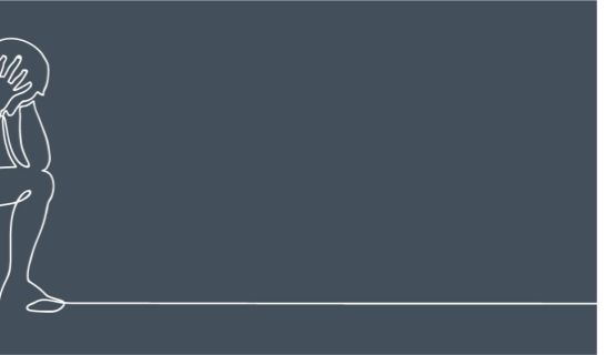 A line drawing of a male figure slumped in a chair, head in hand