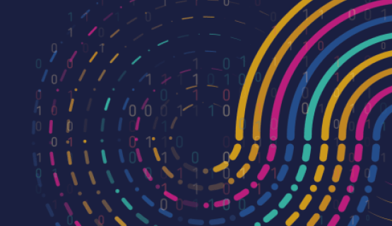 Colourful lines and dots interspersed with zeros and ones
