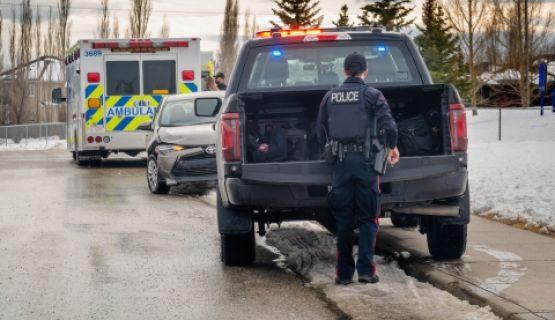 Paramedic and police vehicles at a roadside accident